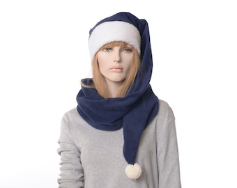 Unusual Long Stocking Cap Wrap Around Scarf Hat Navy Blue with Cream Sherpa Headband Fleece Adult Men Women Pompom Tip