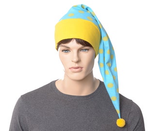 Nightcap Blue with Yellow Polka Dots Adult Men Women Pompom Cosplay Night Cap Sleep Hat