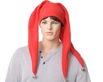 Jester Hat Long Red Bells Three Pointed Fleece Harlequin Cosplay Horn Tail Cap Adult Men Women Ren Fair