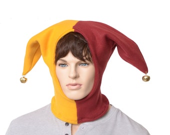 Jester Hood Dark Red and Gold Hat Made of Fleece with Bells Harlequin Cap Cosplay Handmade Balaclava