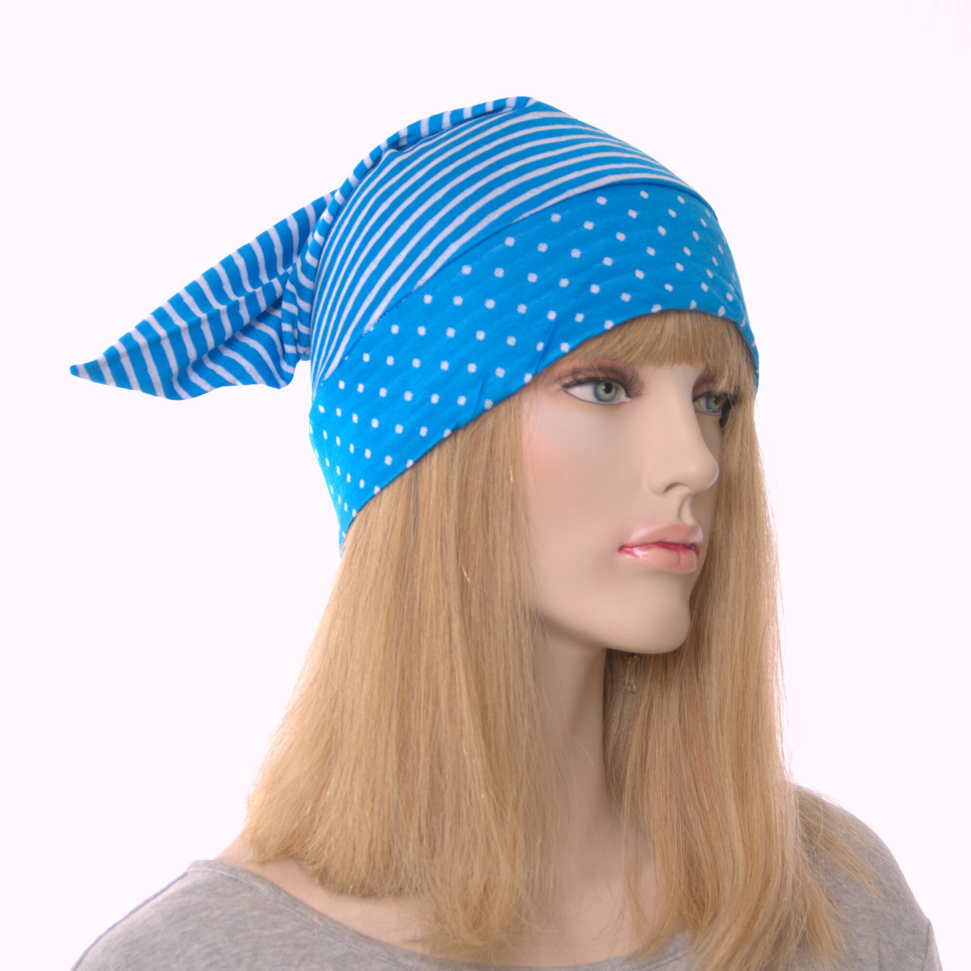 Nightcap Blue and White Stripes and Polka Dots Short Pointed Night Cap
