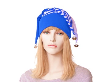 Jester Hat: Royal Blue & White Striped Cotton Cap with Silver Bells Lightweight Mens Womens Renaissance Fair