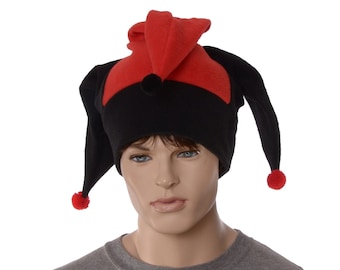 Jester Hat Black Red Pompoms Fleece Harlequin Cap Fool Three Tailed Beanie Cosplay Adult Man Woman