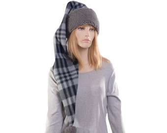 Long Stocking Cap Gray Black Plaid Sherpa Waist Length Pointed Hat Fleece Santa Elf Hat Adult Men Women