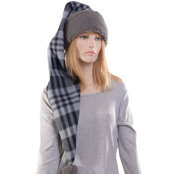 Long Stocking Cap Gray Black Plaid Sherpa Waist Length Pointed Hat Fleece Santa Elf Hat Adult Men Women