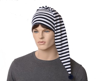 Sleep Hat Night Cap Navy Blue White Striped Cotton Nightcap Pompom Adult Men Women Chemo Stuffing Stuffer
