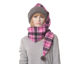 Scarf Hat Plaid Stocking Cap Pink Black Wrap Around Pointed Gray Sherpa Headband Fleece body Adult Women Men Handmade Christmas Gift