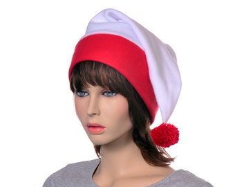 White Red Stocking Cap Fleece with Pompom Warm Winter Fleece Hat Long Tail Hat Adult Men Women