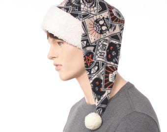 Santa Hat – Goth Pentagram, Black Cat & Skull Fleece, Unisex Witchy Christmas Hat with Sherpa Cuff Yarn Pompom