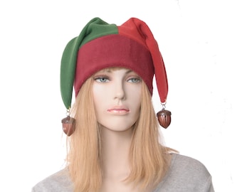 Fleece Jester Hat: Autumn Dryad Fae Costume with Acorn Bells