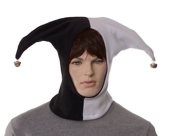 Court Jester Hood Black White Hat Fleece Bells Harlequin Cap Cosplay Adult Men Women Medieval Renaissance Two Pointed
