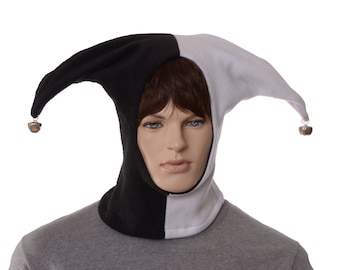 Jester Hood Black White Hat Mad Fleece Bells Harlequin Cap Cosplay Adult Men Women Medieval Renaissance