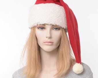 Santa Hat Traditional Red – Fleece Santa Hat with Ivory Sherpa Cuff and Pompom, Classic Adult Christmas Stocking Cap