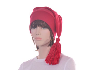 Red Stocking Cap Elf Hat Adult with Red Tassel Fleece Men Women Adult Unisex Cosplay