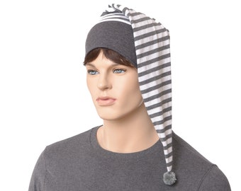 Nightcap Elf Cap Gray White Stripes Night Cap with Pompom Cotton Adult Men Women Gifts