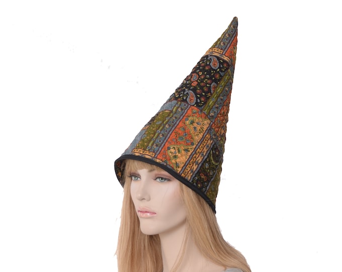 Featured listing image: Gnome Hat Quilted Cotton Mosaic Paisley Floral Tall Pointed Cap Halloween Costume Wizard Witch Adult Men Women