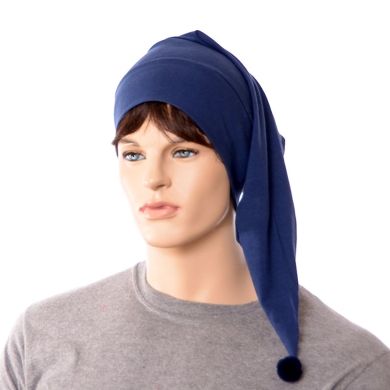 Night Cap Navy Blue Pointed Nightcap with Pompom Cotton Adult Men Women