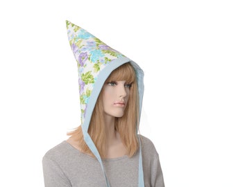 Pixie Gnome Hood Pointed Quilted Floral Print in White Blue Purple Fairy Hat Adult Women Men Ren Fair Fantasy Enchanted Forest