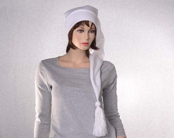 White Stocking Cap Long with Tassel Pointed Tail Hat Fleece Waist Length Handmade Adult Men Women