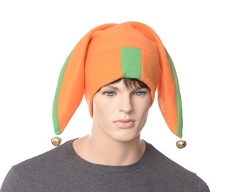 Jester Hat Orange Green with Gold Bells Fleece Harlequin Cap Fool Two Pointed Beanie 2 Tail Ren Fair Cosplay