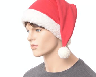 Santa Hat Cotton  Adult– Red Fleece Santa Hat with Ivory Sherpa Cuff and Pompom, Classic Adult Christmas Stocking Cap