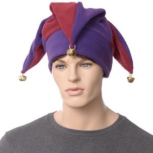 Burgundy & Purple Jester Hat Three Point: Fleece Harlequin Cap with Gold Bells