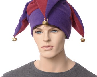Burgundy & Purple Jester Hat: Fleece Harlequin Cap with Bells