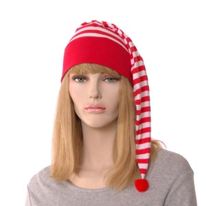 Red and White Striped Nightcap Cotton Christmas Sleep Hat with Pom Pom Unisex Pajama Cap Victorian Holiday Cozy Winter Gift Handmade in USA