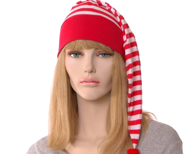 Featured listing image: Nightcap Red and White Striped Cotton : Christmas Holiday Sleep Hat, Adult Men and Women