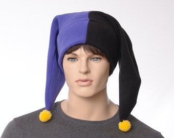 Jester Hat Black Purple Made of Fleece Harlequin Cap Two Pointed with Yellow Ball Pompoms Cosplay Adult Men Women