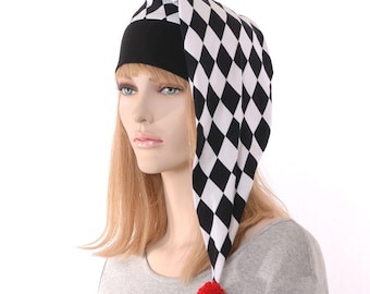 Harlequin Hat Night Cap with Red Pompom Cotton Adult Men Women Jester Hat Nightcap Cosplay Clown Costume