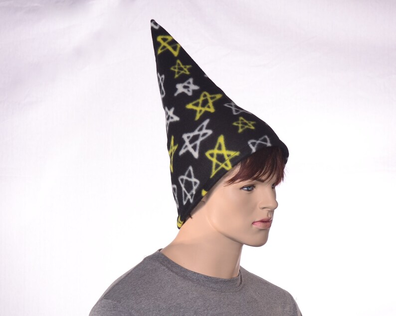 Black Wizard Hat with 5 Pointed Stars in White and Yellow Tall Pointed Cap Fleece Mens Costume Hat Magicians HatLong