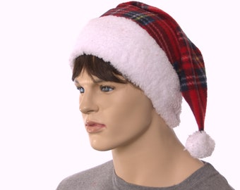 Santa Hat Plaid Sherpa White Headband Stocking Cap Christmas Long Tail Elf Cap Adult Man Women Holiday Cosplay