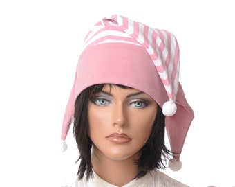 Jester Cap Pastel Goth Lightweight Made of Cotton Pink Striped Three Pointed with Pompoms Adult Men Women