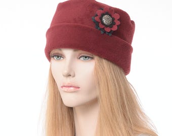 Pillbox Hat Witchy Burgundy Fleece Cuffed Winter Hat with Celtic Pentagram Flower Dark Romantic Colors