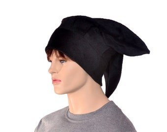 Jester Hat Solid Black Three Point with Plain Tips Fleece Harlequin Hat Warm Winter Cap Cosplay