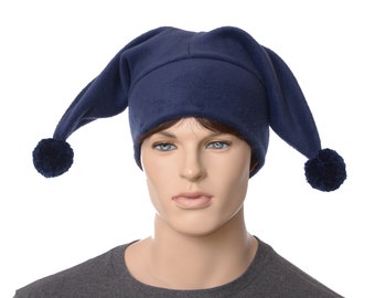 Jester Hat Navy Blue Two Point with pompoms Manga Anime Fleece Harlequin Cap Cosplay Adult Men Women