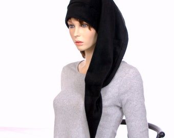 Stocking Cap Black Extra Long With PomPom Goth Waist Length Tail Hat Made of Fleece Gift for Him Her Handmade
