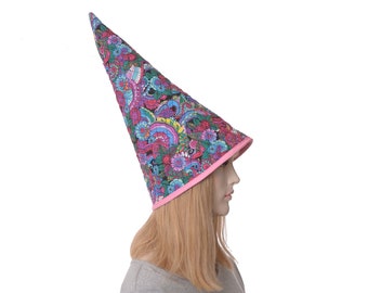 Gnome Hat Flowers Psychedelic Vibrant Colors Quilted Cotton Tall Pointed Cap Halloween Costume Wizard Witch Adult Men Women