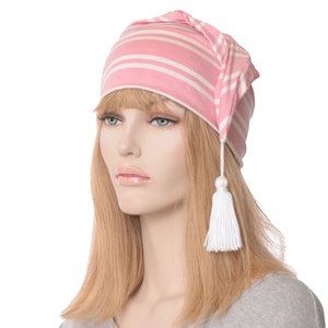 Pink & White Striped Cotton Night Cap: Traditional Pointed Sleeping Hat