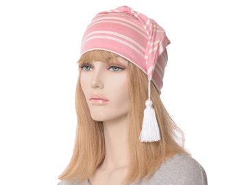 Night Cap Pink White with Tassel Traditional Cotton Soft  Adult Men Women Scrooge Sleeping Hat Nightcap