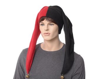 Court Jester Harlequin Hat Red and Black Extra Long Harlequin Made of Fleece with Gold Bells Adult Men and Women Clown Renaissance Faire