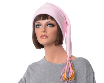 Boho Pink Hat Stocking Cap Pastel Goth Boho Sari Silk Tassel in Fleece Women Hat Long Beanie Hat