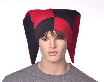 Red Black Jester Hat Backward Pointing Tips Pointed Fleece Harlequin Cap Unisex Cosplay