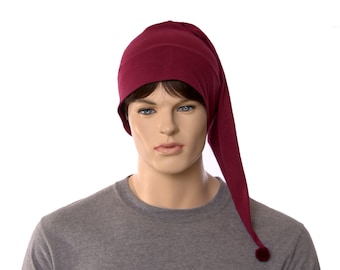 Sleeping Hat Night Cap Burgundy Maroon Pointed Nightcap with Pompom Cotton Adult Men Women Chemo Cap