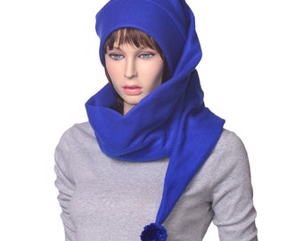 Stocking Cap Extra Long Royal Blue Wrap Around Scarf Hat 5  Tail Hat with Pompom Fleece Adult Man Woman