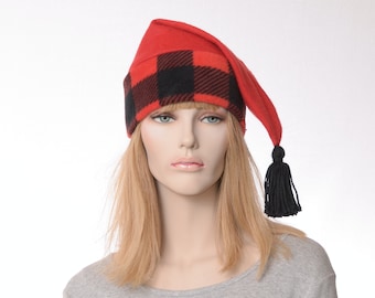Buffalo Plaid Stocking Cap Red Long Pointed Hat with Tassel Warm Winter Beanie Elf Cap Sock Hat Adult Men Women