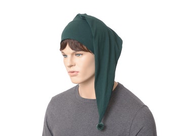 Handmade Dark Green Cotton Night Cap: Pointed Elf Sleep Hat Adult Mens Womens Stocking Stuffer Gift
