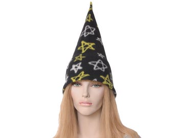 Gnome Hat Black with Stars Tall Pointed Adult Mens Bell Hat Women Hat Wizard Hat Ren Faire Costume Cap Cosplay