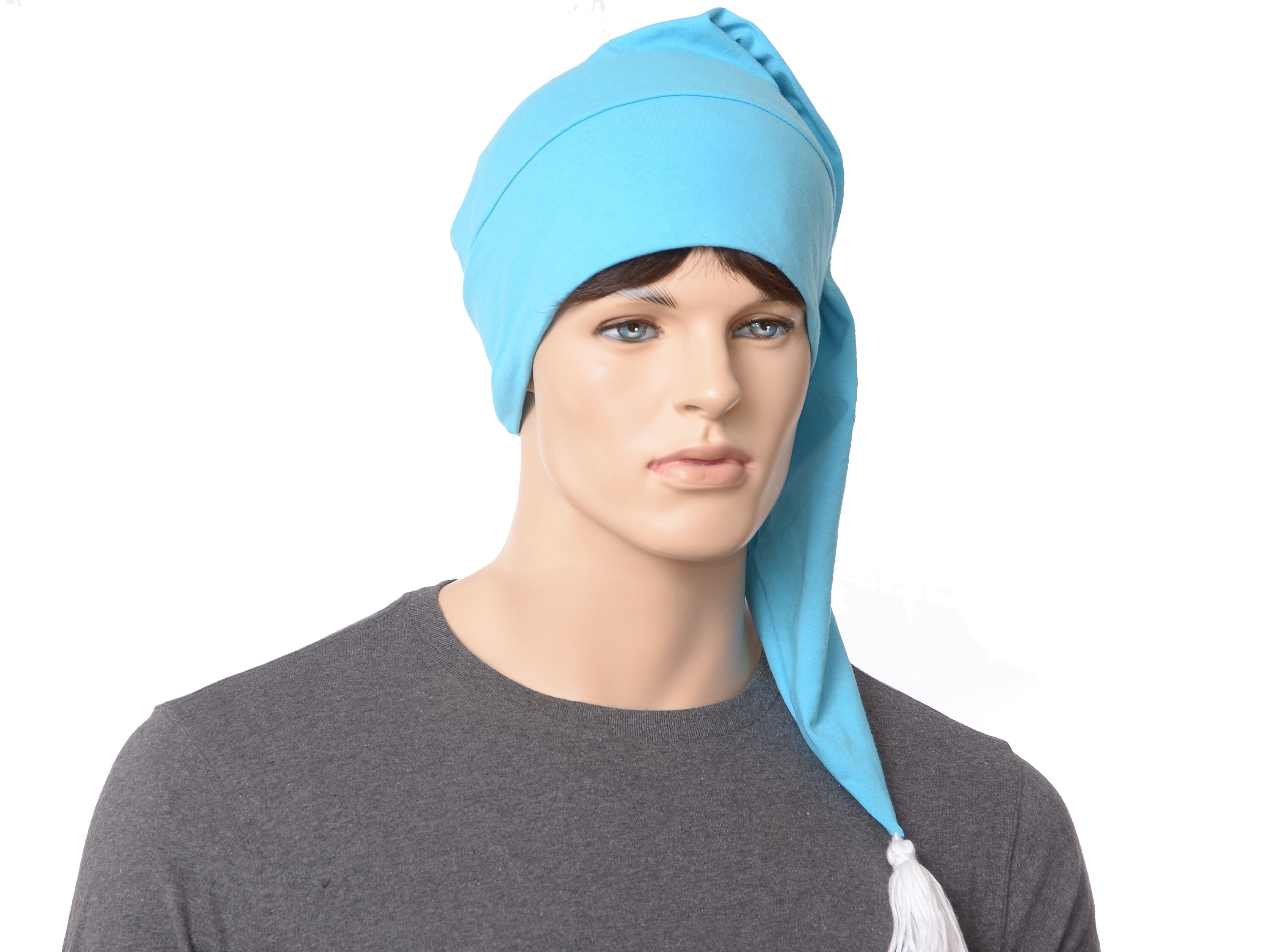 Bonnet de nuit bleu pointu fait à la main avec pompon coton adulte